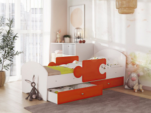 Кровать Мозаика с ящиком и бортиками на ламелях белый-оранж