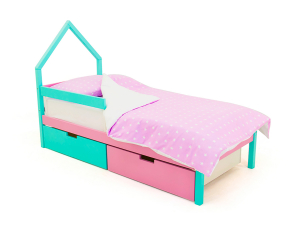 Кровать-домик мини Svogen с ящиками и бортиком мятный-лаванда