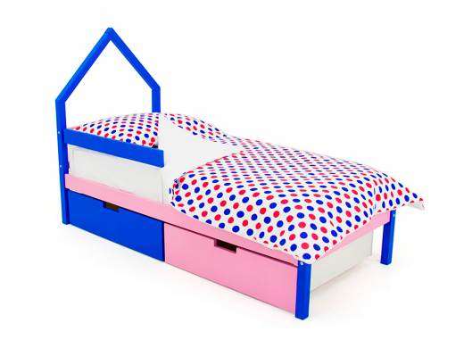 Кровать-домик мини Svogen с ящиками и бортиком синий-лаванда